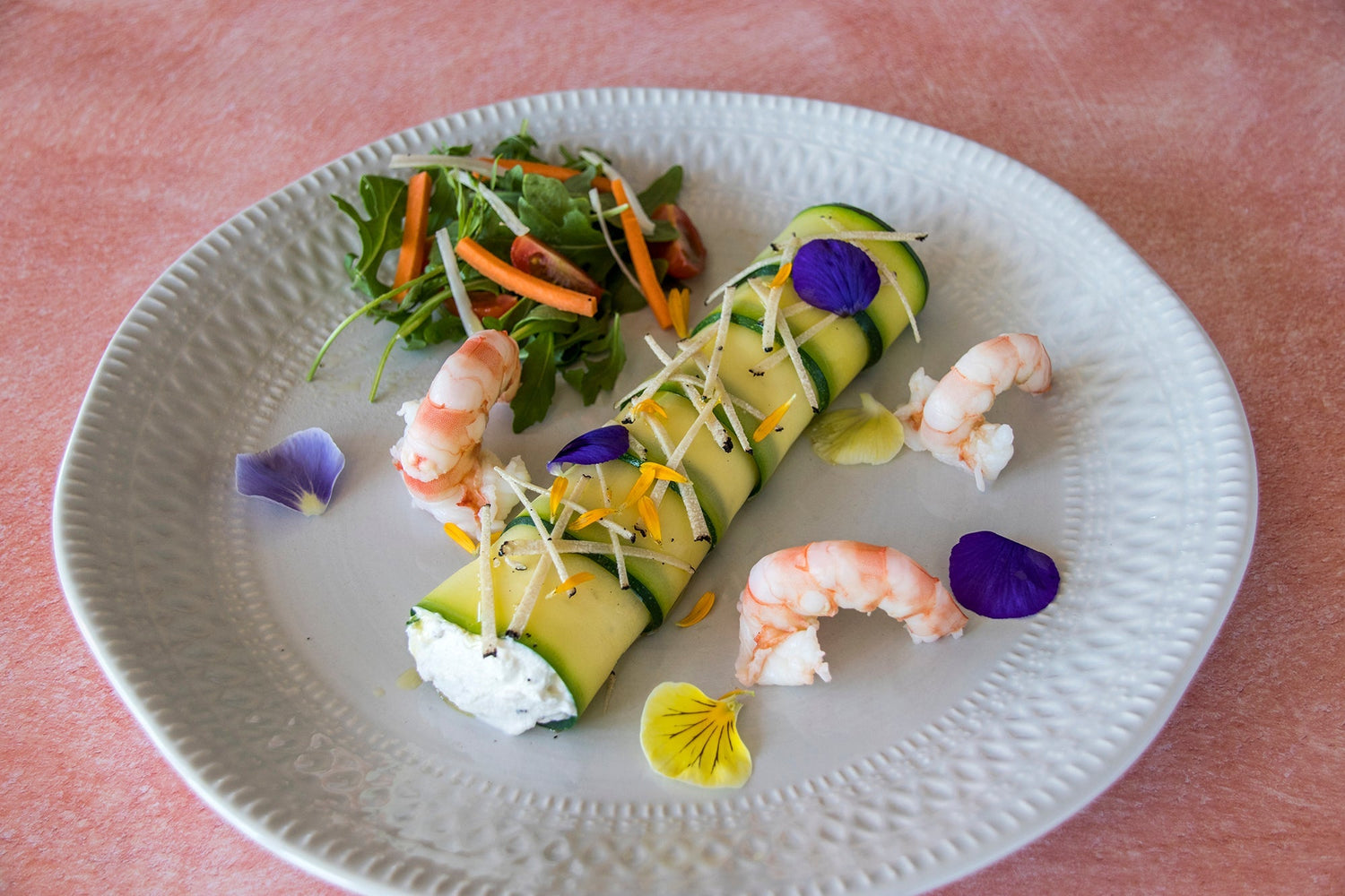 Courgette cannelloni stuffed with truffled ricotta and king prawns