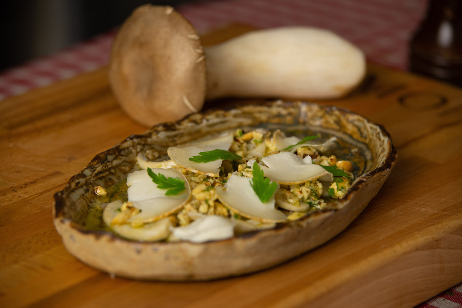 Eryngii Carpaccio with Hazelnuts, Parsley and Sheep Cheese
