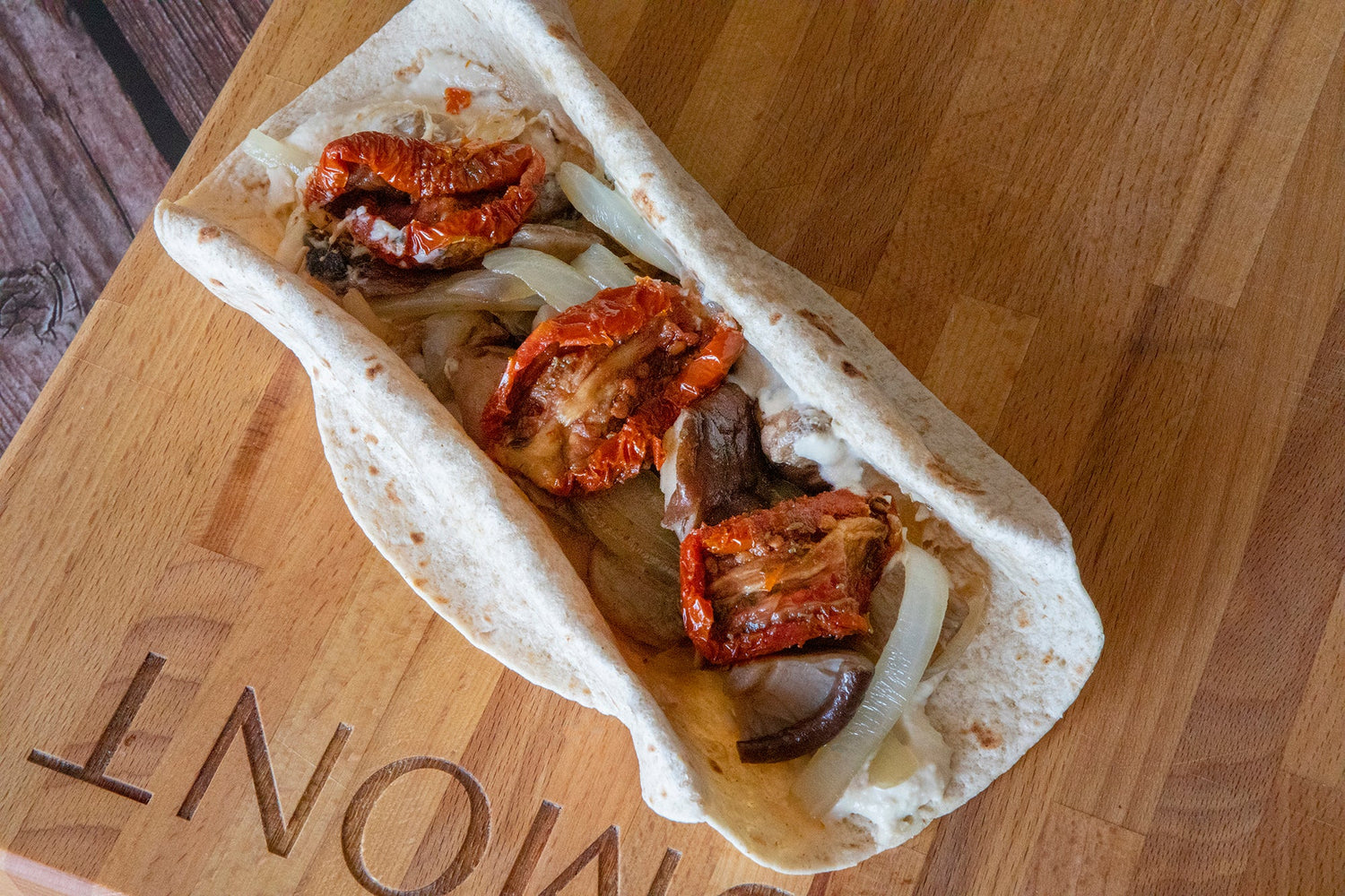 Mushroom Fajitas with Onion, Hummus, and Sun-Dried Tomatoes