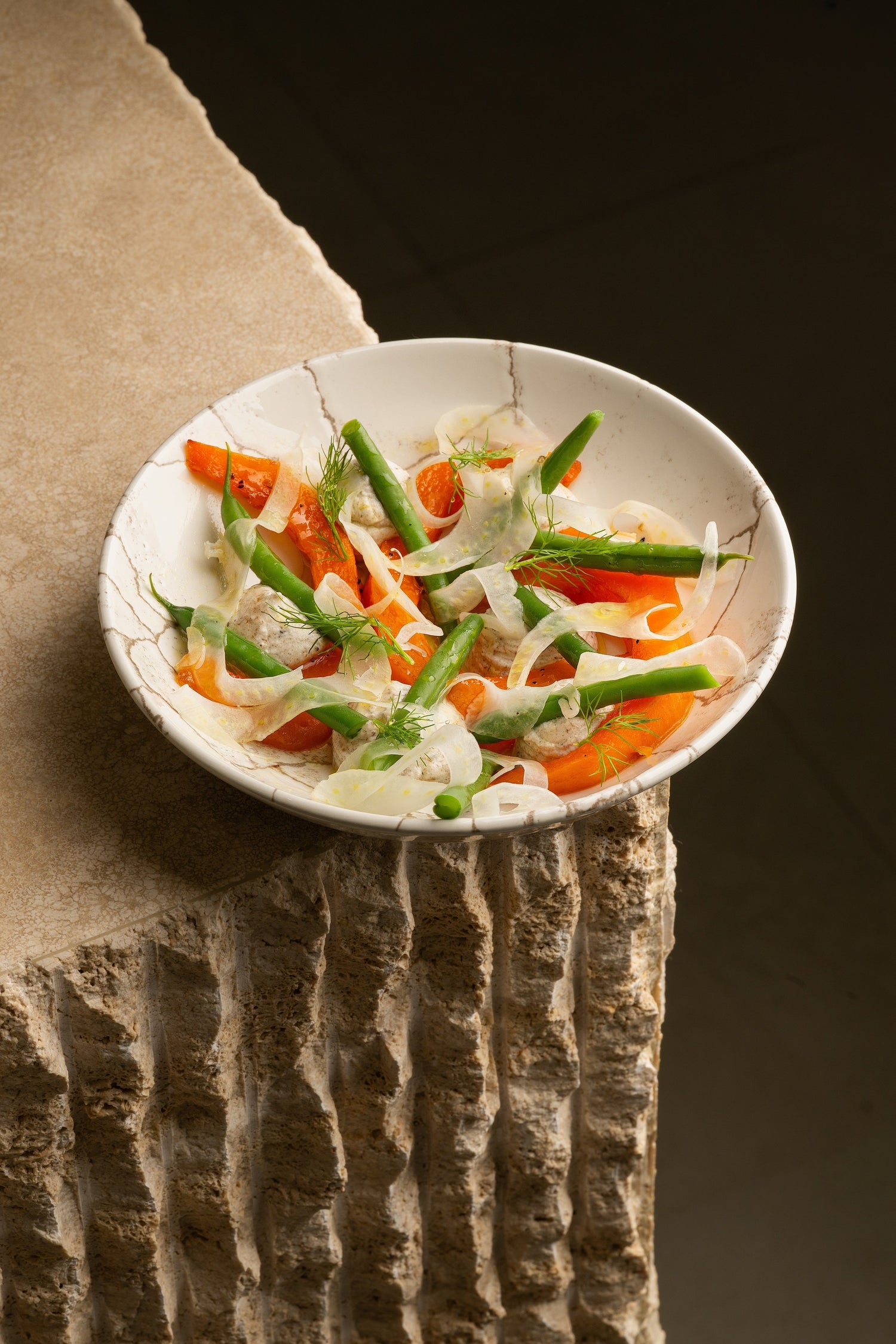 Oven-Roasted Pumpkin with Laumont Truffle Honey, Ricotta and Tartufata Cream, Green Beans, and Fennel Shavings